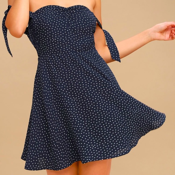 Lulu’s Navy Square Polka Dot Off Shoulder Dress - Picture 4 of 13